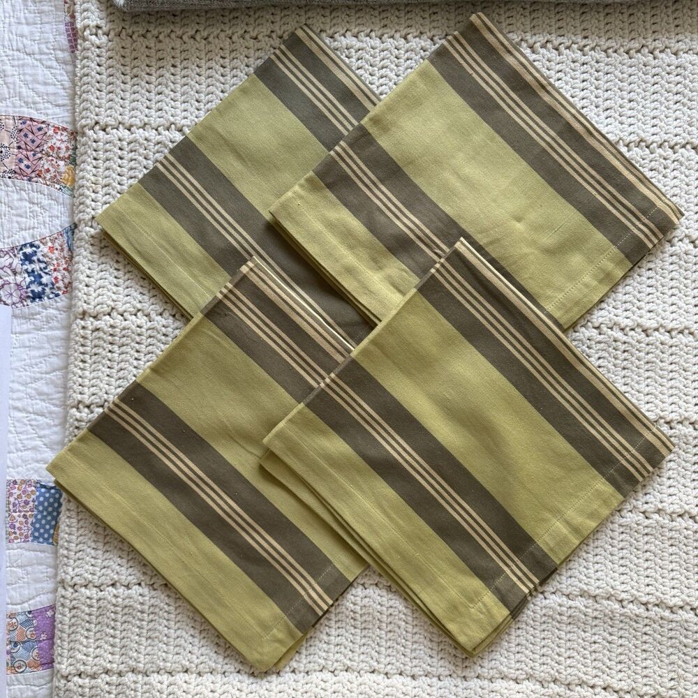 Pottery Barn Set Of Olive Green Striped Cotton Fabric Dinner Napkins 22” x 22”